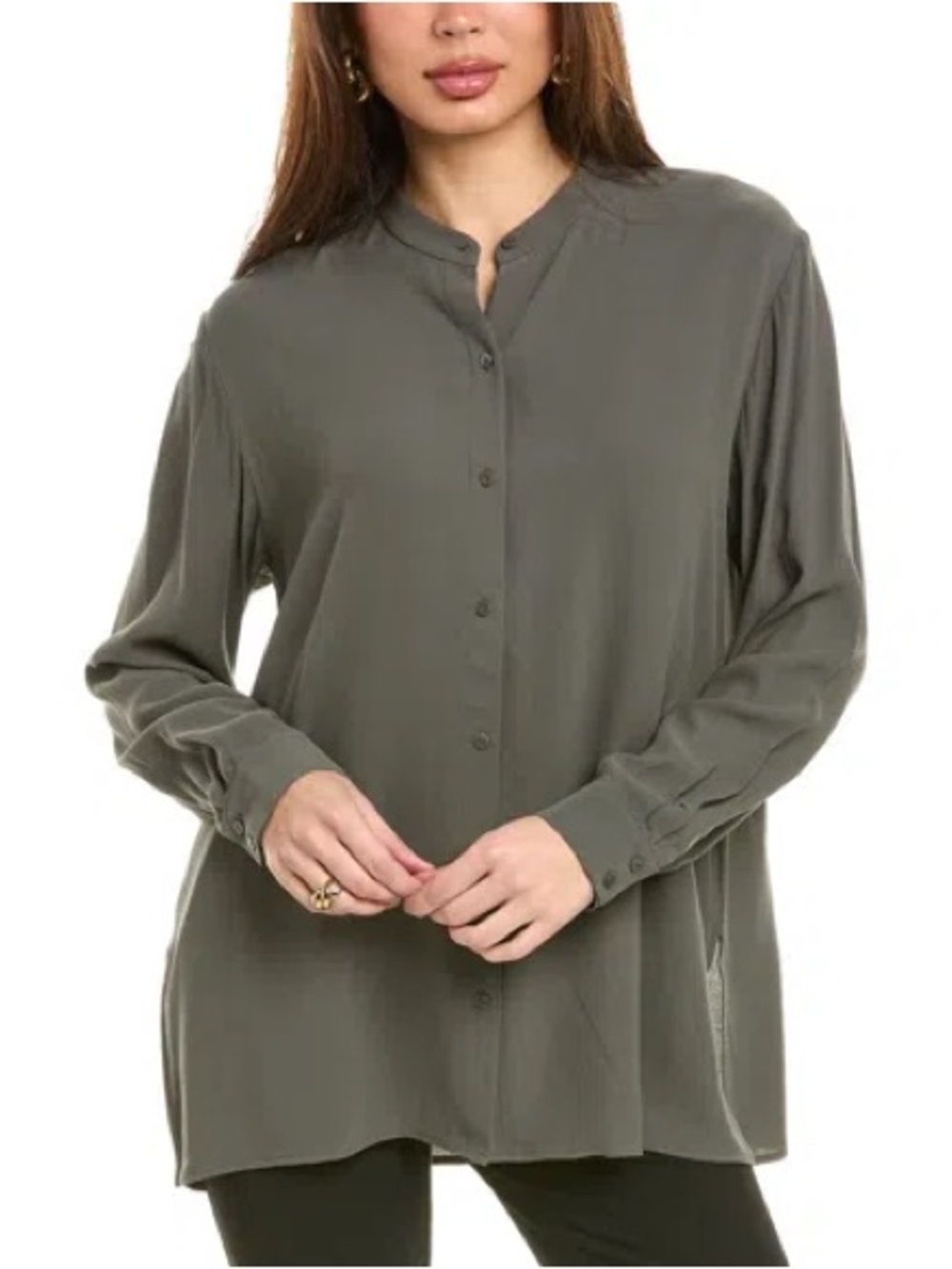 EILEEN FISHER mandarin collar silk shirt in green, size small